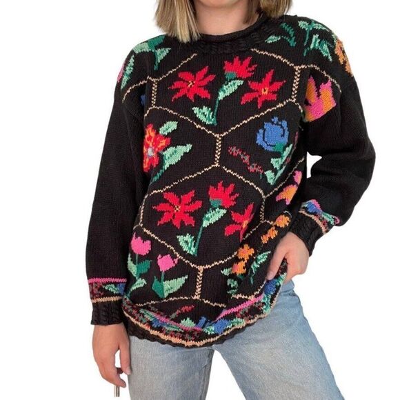 Vintage 1980s Hunt Club Hand Knit Floral Embroidered Oversized Grandma Sweater - Picture 2 of 7